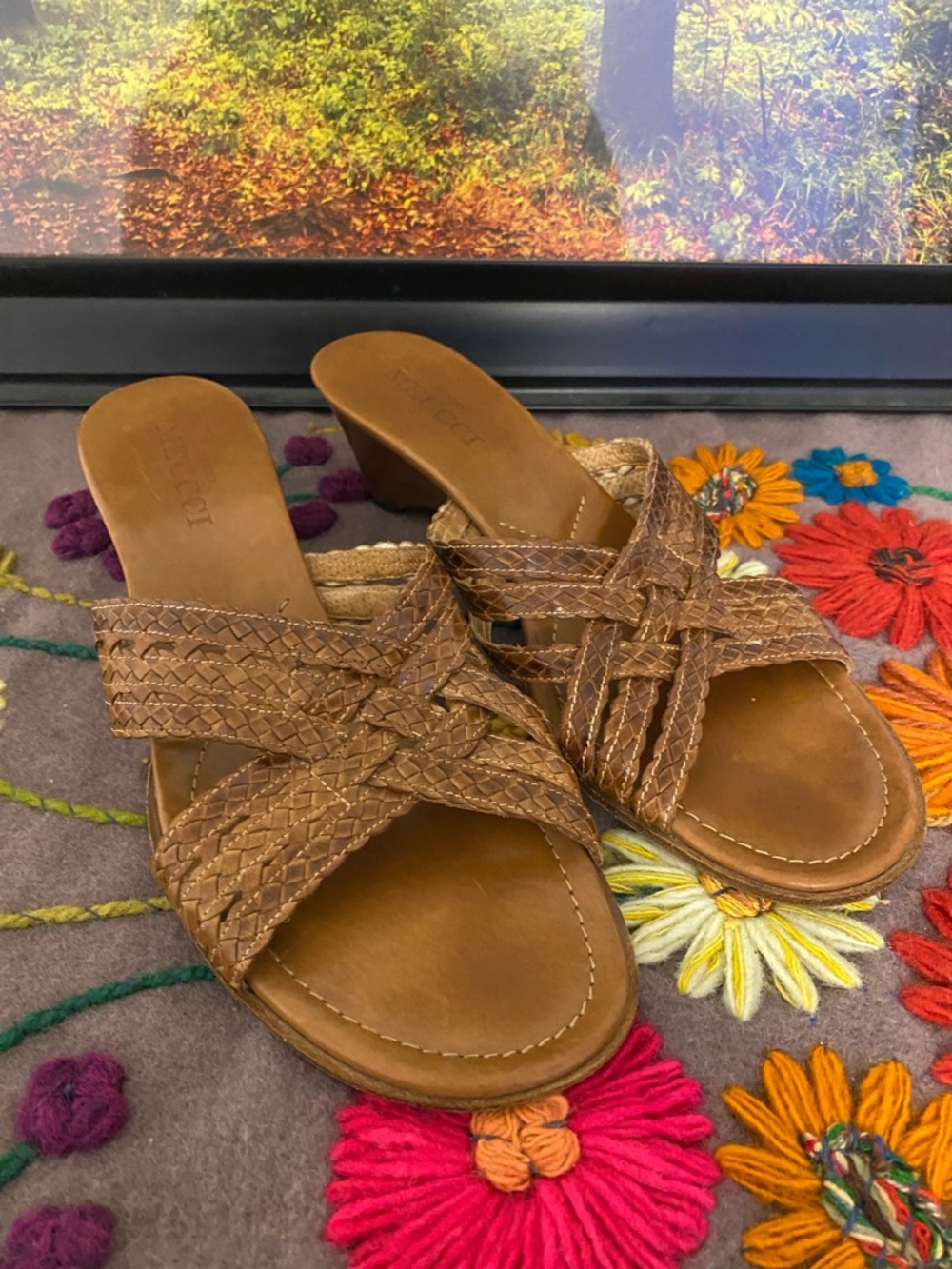 Meucci Brown Woven Leather Slide sandals, wear on the bottom